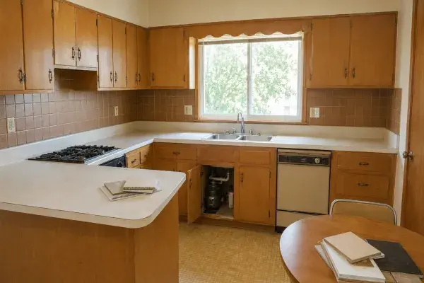 1960s kitchen before renovation with wood cabinets, brown tile backsplash, old dishwasher, vinyl floor, and open sink cabinet.