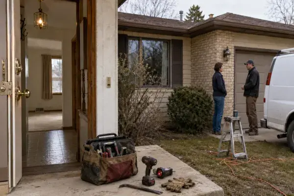 Contractor and homeowner discussing renovation outside a modest 1980s suburban house with open entry, tools, and work van.