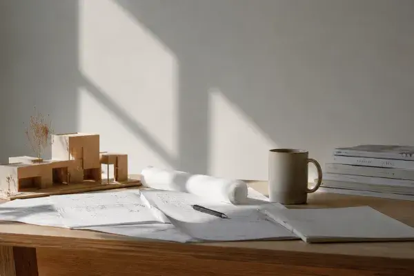 Architectural plans, model, notebook, and coffee on a quiet desk used for salary and budget planning.