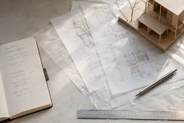 Architectural sketches, model, ruler, and job search notes arranged on a quiet studio table.  Best placement: