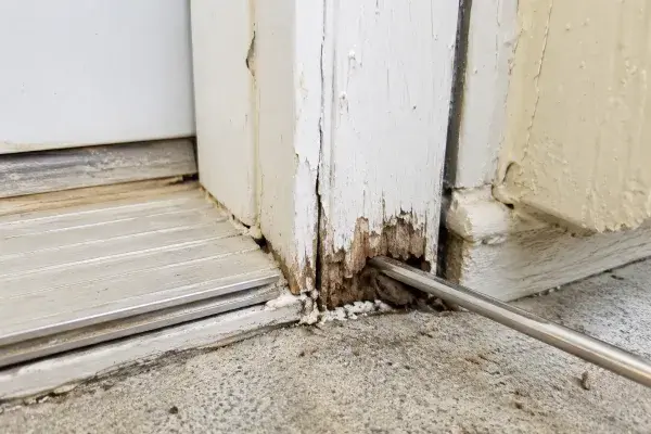 Tool checking rot at the bottom of an exterior door jamb.