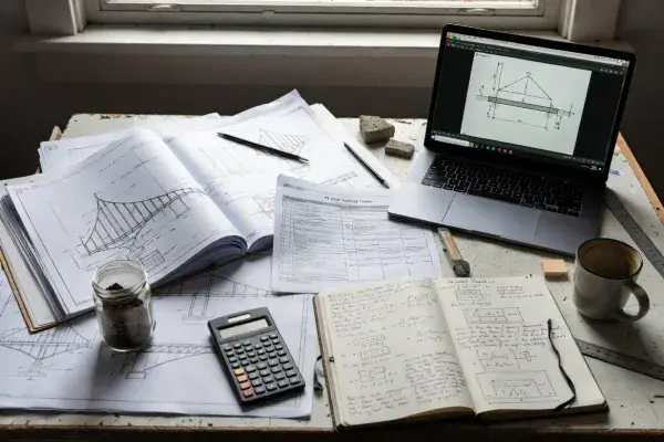 Civil engineering study desk with structural drawings, laptop, calculator, and notes.
