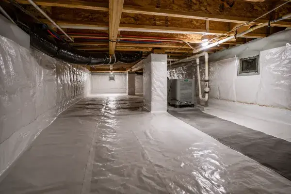 Encapsulated and conditioned crawl space with sealed vapor barrier, insulated crawl-space walls, sealed vents, joists, and dehumidifier.