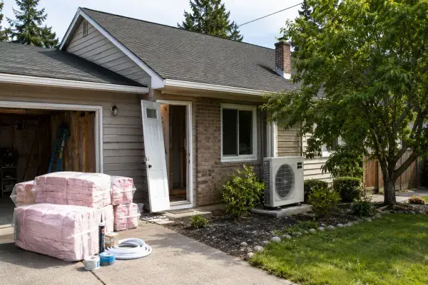 Modest house being upgraded with insulation, air-sealing supplies, heat pump equipment, shade planting, and a solar-ready roof.