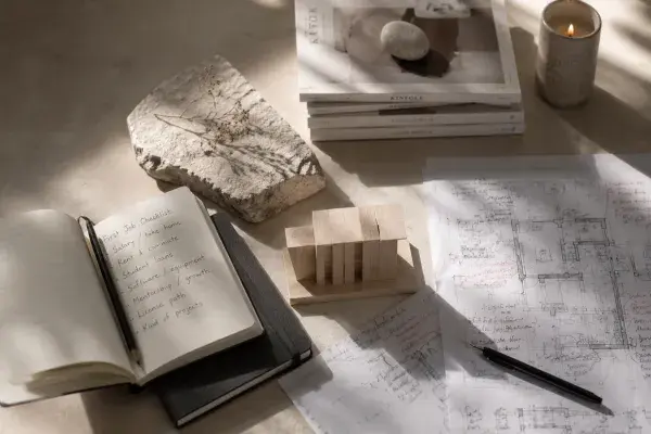 Architecture model, drawings, ruler, and first-job checklist on a quiet studio table.
