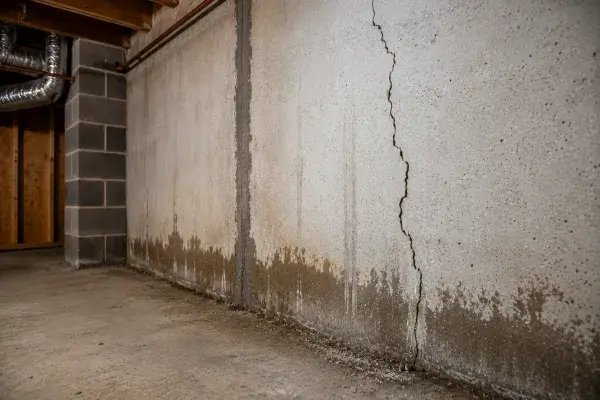 Foundation crack inspection on an unfinished concrete basement wall with moisture staining and rough concrete texture.