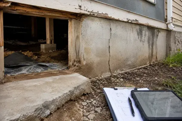 Foundation repair cost inspection with a cracked foundation area, moisture staining, exposed concrete, soil, and estimate notes nearby.