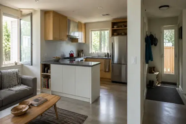 Modest sustainable home kitchen with open window, range hood, durable floor, and dry entry.