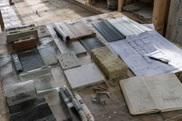 Building material samples on a worktable with drawings, notes, wood, tile, metal, insulation, concrete, brick, roofing, sealant, and fasteners.
