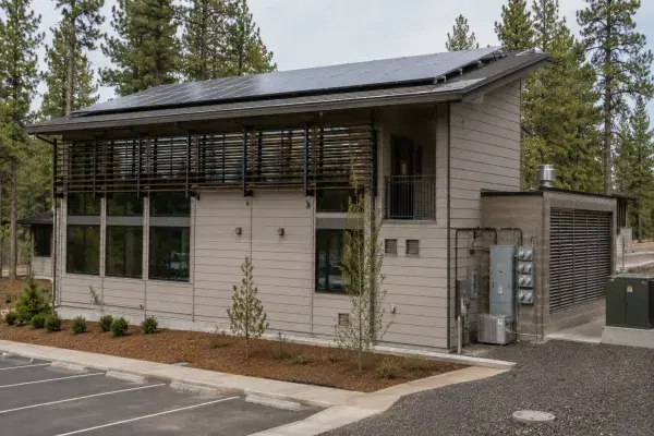 Low-energy building with rooftop solar panels, exterior shading, high-performance windows, and visible mechanical service equipment for net zero architecture.