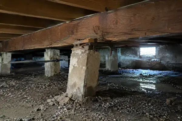 Pier and beam foundation crawl space with wood beams, concrete piers, damp soil, and visible support repair issues.