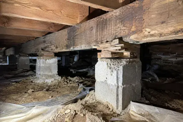 Pier and beam foundation repair inspection inside a crawl space with wood beams, stacked shims, masonry piers, dirt floor, and torn vapor barrier.