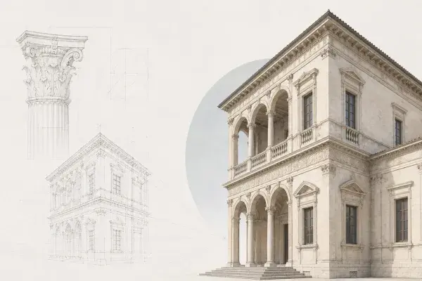 Renaissance architecture showing a classical palazzo facade with arches, columns, proportion sketches, perspective lines, and architectural detail studies.