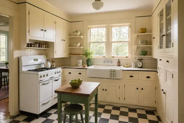 Restored 1930s kitchen with painted built-ins, enamel stove, checkerboard floor, and sink under a window.