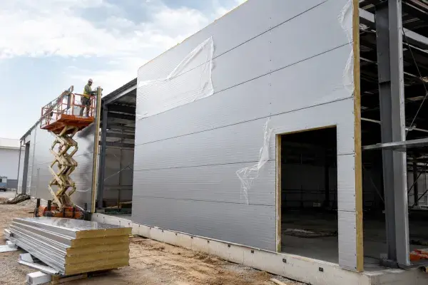 Sandwich panels being installed on a building with visible joints, fasteners, stacked panels, and exposed insulation edges.