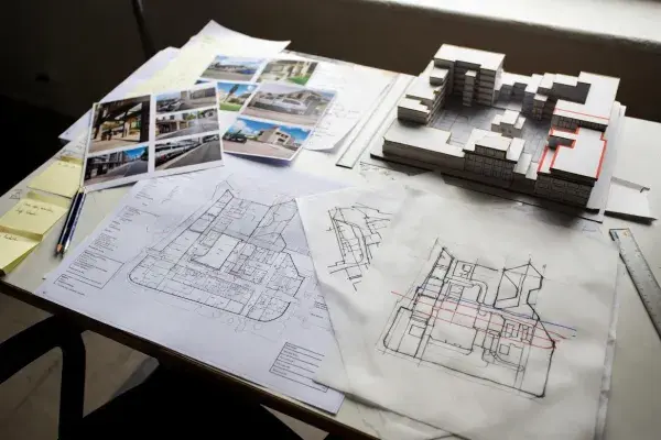 Zoning overlays, heat maps, massing model and urban planning sketches for mixed-use review.