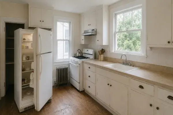 Open refrigerator doors blocking the pantry and passage in a narrow 1910s kitchen.