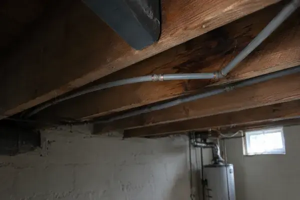 Gray polybutylene pipes running below exposed basement floor joists.
