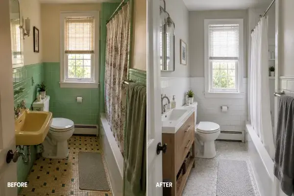 Before and after Cape Cod bathroom remodel with old green tile and updated compact bathroom.