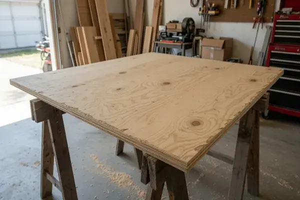 Full 4×8 plywood sheet resting on sawhorses inside a workshop.