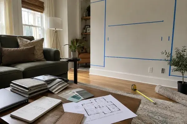 Interior design planning setup with room measurements, material samples, floor plan, and furniture layout.