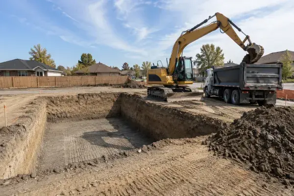 Excavator loading soil into a dump truck beside a residential foundation excavation.
