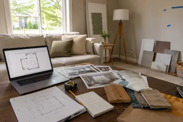 Living room design planning scene with laptop floor plan, samples, swatches, and sketches.