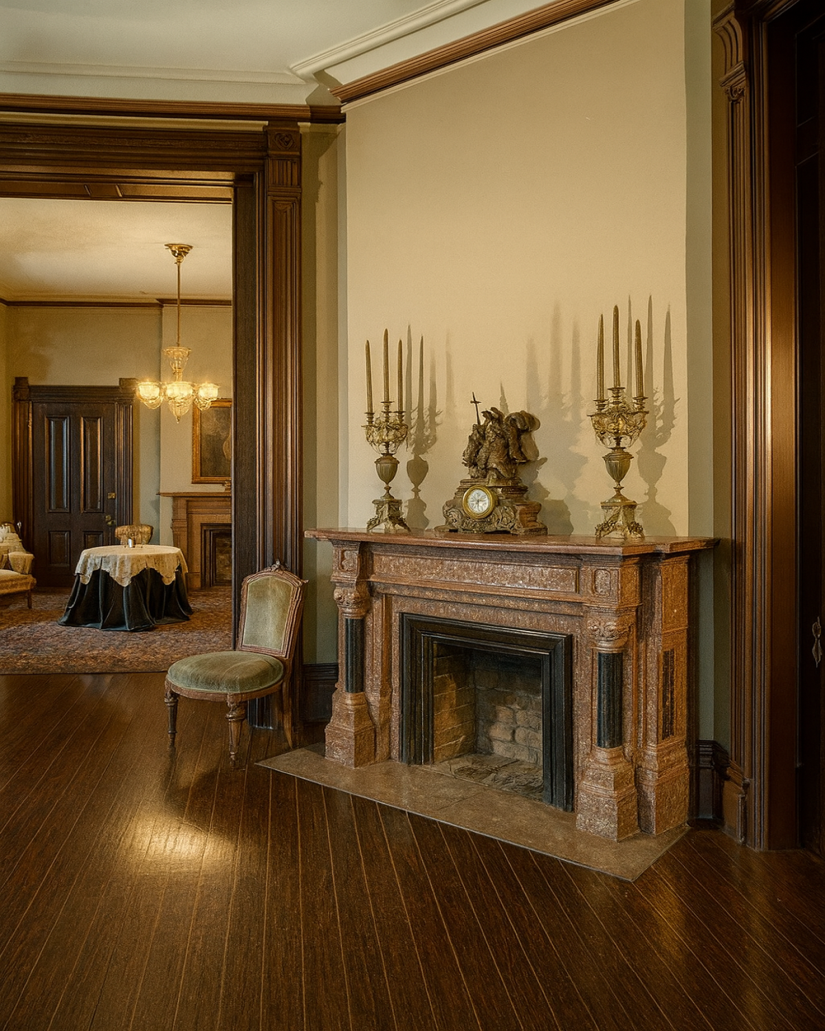 Victorian parlour with marble fireplace, candlesticks, and elegant wood trim.