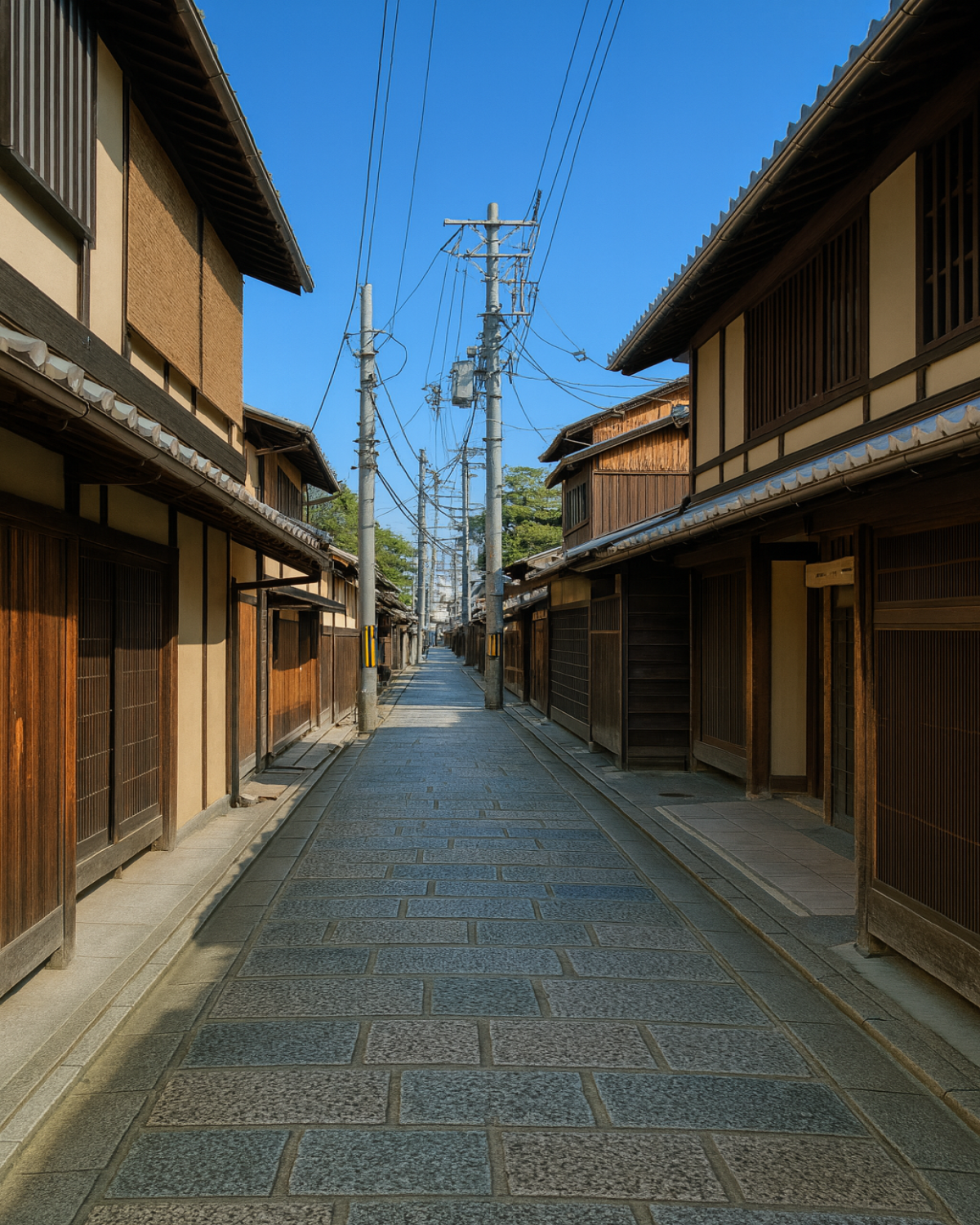 Narrow traditional Japanese street showing efficient urban density with layered wooden facades.